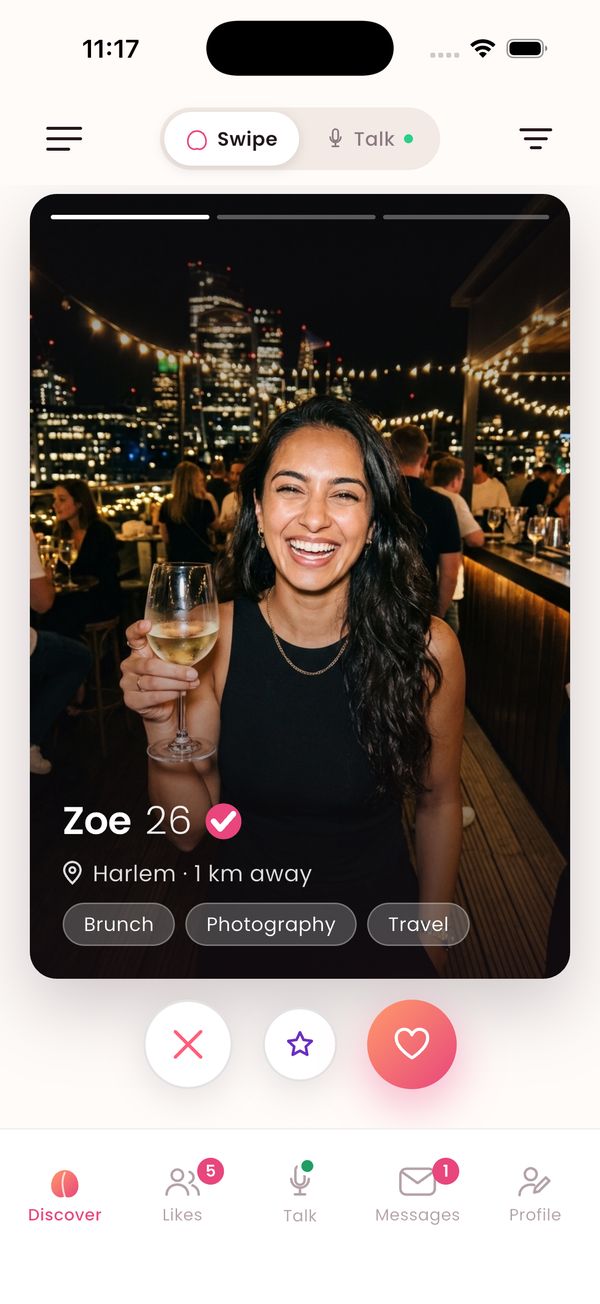 The Peatchy deck: one profile at a time, with the person's name, age, verified badge, neighbourhood and interests